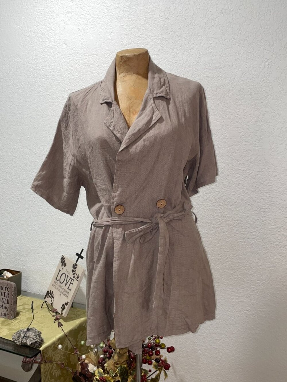 NWT Brown / Taupe Short Sleeve Linen Top PURO LINO MADE IN ITALY L 14 16